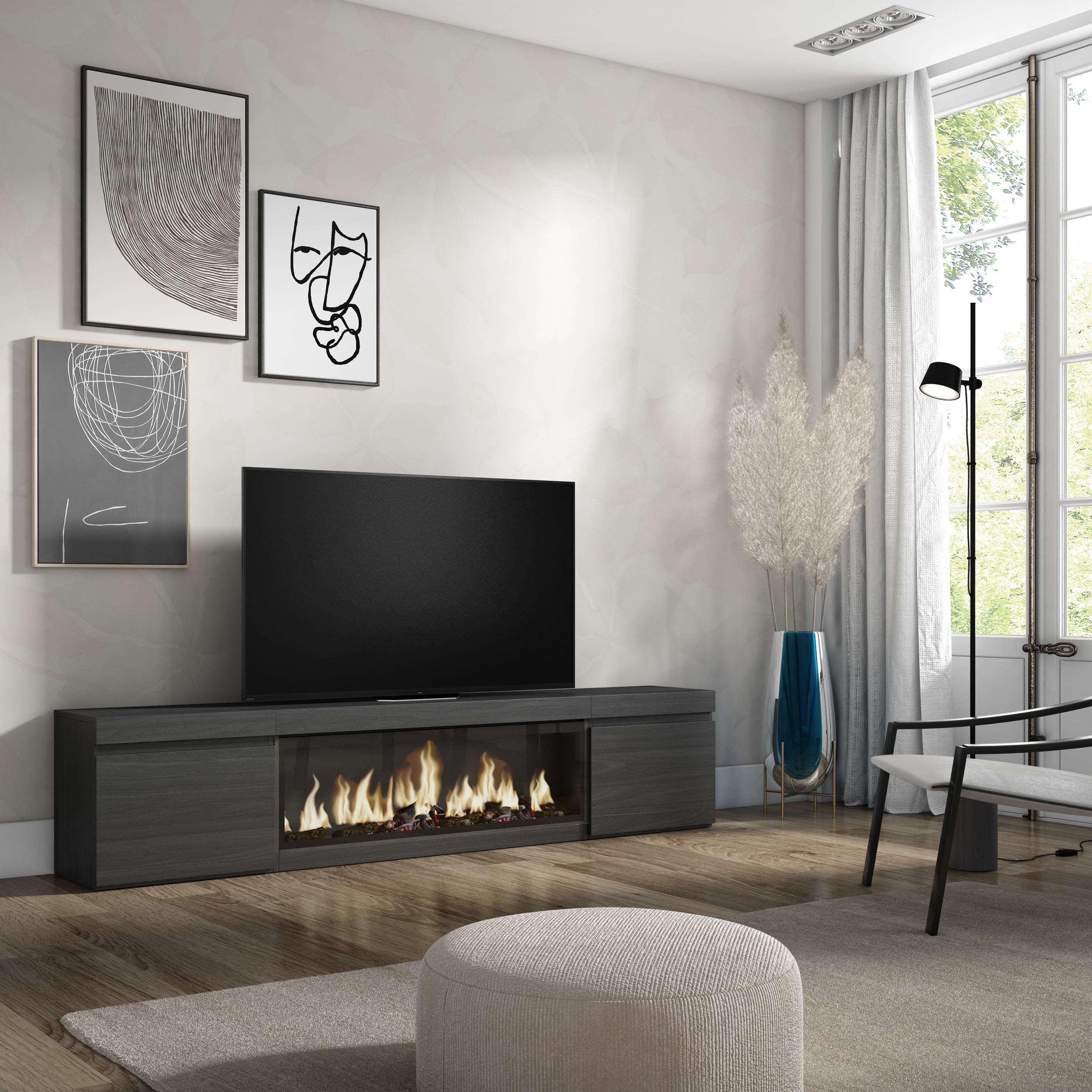 Skraut Home | Meuble TV | Banc Télé | Grand Espace de Rangement | 210 | pour Les TV jusqu'à 80" | Cheminée électrique XXL | Style Moderne | Noir
