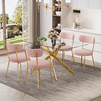 Modern Glass Dining Table for 4, Rectangular Tempered Table Top Gold Base with 4 Luxury Pink Gold Boucle Dining Chairs, 5 Piece Dining Room Table Set, Easy Assemble