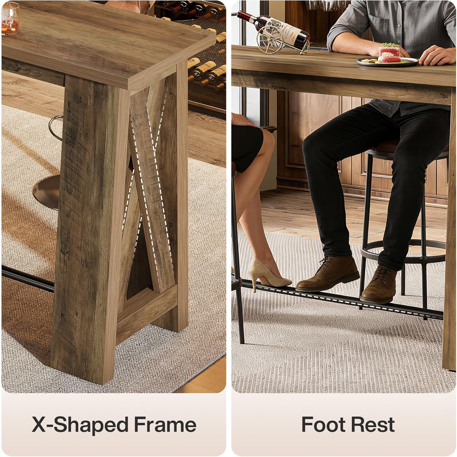 Tribesigns 63" Bar Table with Metal Footrest, Counter Height Pub Table with Sturdy X-Frame Legs, Rectangular High Top Kitchen Dining Tables for Dining Room, Living Room, Basement