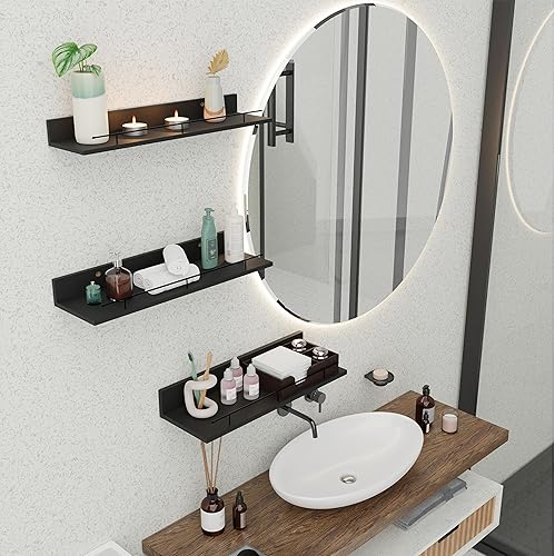 Miniatura 4 de Giftgarden Estantes flotantes negros de 16 pulgadas con barandilla de metal negro, estantes de madera para almacenamiento de pared, juego de 3,