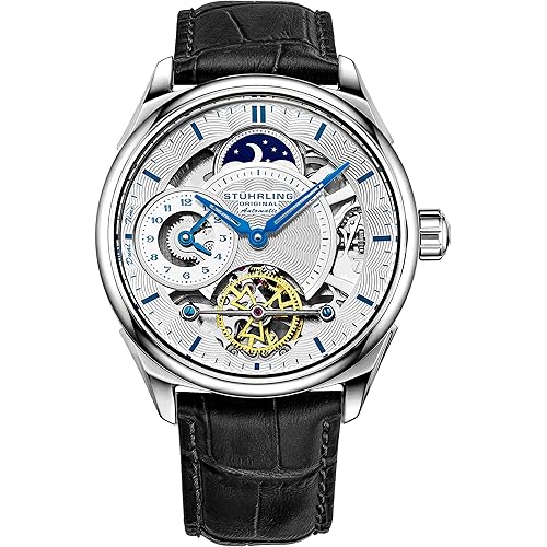 Stuhrling Mens Automatic Dress Watch Stainless Steel with Automatic Skeleton with Duel Time AM/PM Indicator