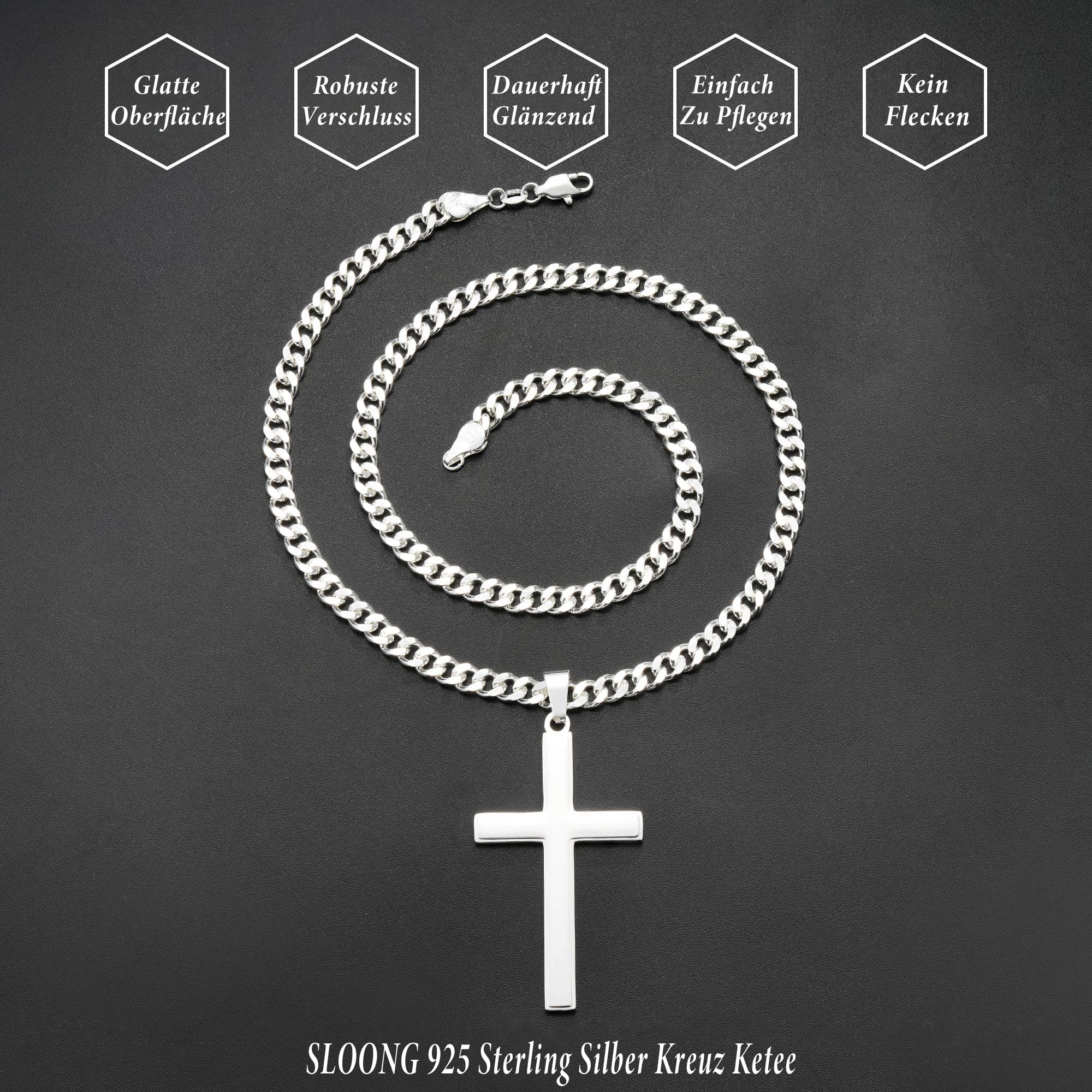 SLOONG Kreuz Kette Herren Silber - 5MM Breit 41/46/51/56CM