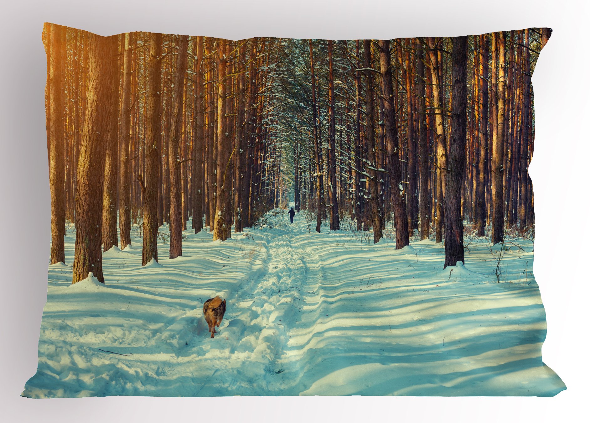 Ambesonne Winter Pillow Sham, Skier Running Dog in The Forest Winter Season Snow and Dead Nature, Decorative Standard King Size Printed Pillowcase, 36