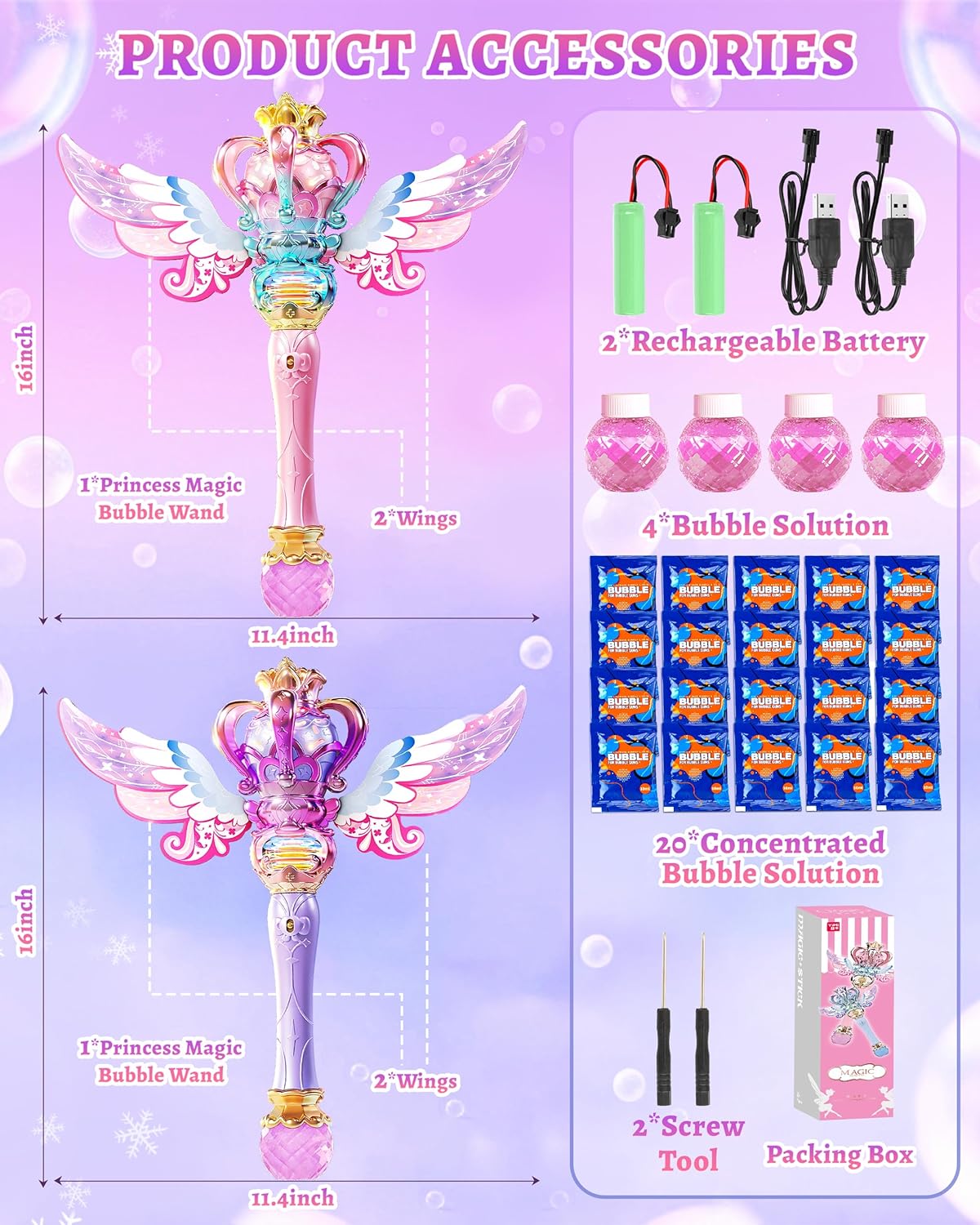 Uregoio 2 Pack Princess Bubble Wands Machine for Girls with Rotating Design, Outdoor Bubble Maker Toys for Kids Ages 4-8, Rechargeable Light & Music Fairy Wands for Party Birthday(Pink & Purple)