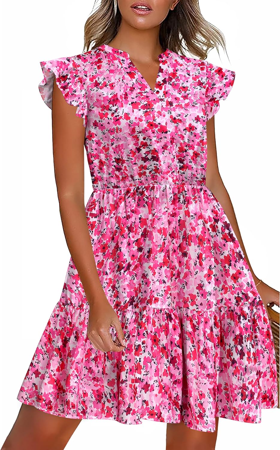 Summer dress with pockets, tiered, ruffle sleeves, printed pattern.
