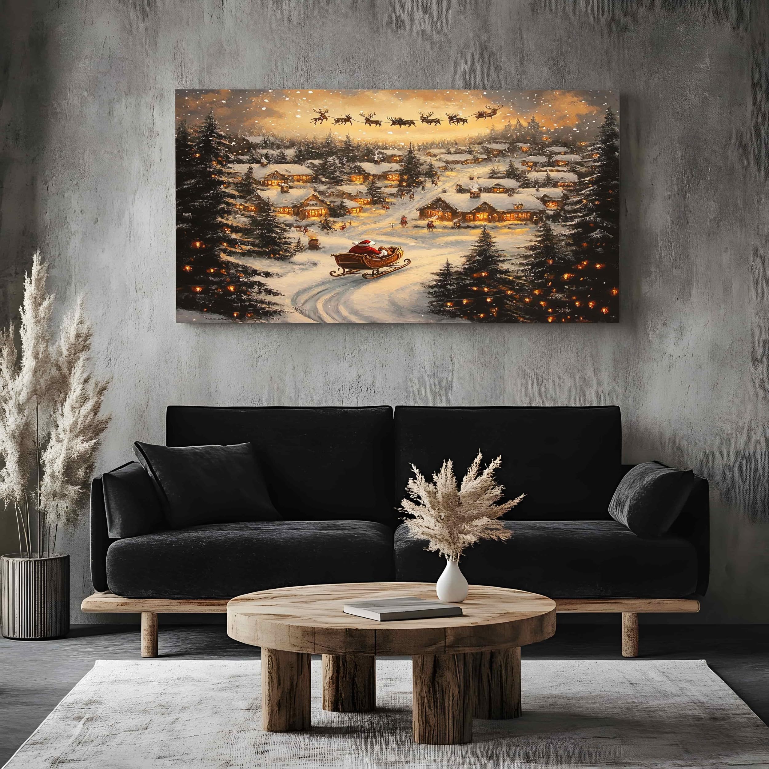 ZORYAN Christmas Snow Scene Frameless Canvas Wall Art for Bathroom Hallway Decor Winter Village Canvas Print Santa Claus Reindeer Wall Painting 80x160 cm