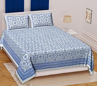 Marusthali Indian Cotton Printed Bed Sheet Queen Traditional Bedsheets rajasthani bed sheets Bedding Set Blanket Bed Cover Size 90 x 100 Inches (Blue)
