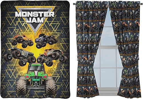Jay Franco Monster Jam MJ Life - Manta de 5 piezas, incluye manta, juego de cortinas