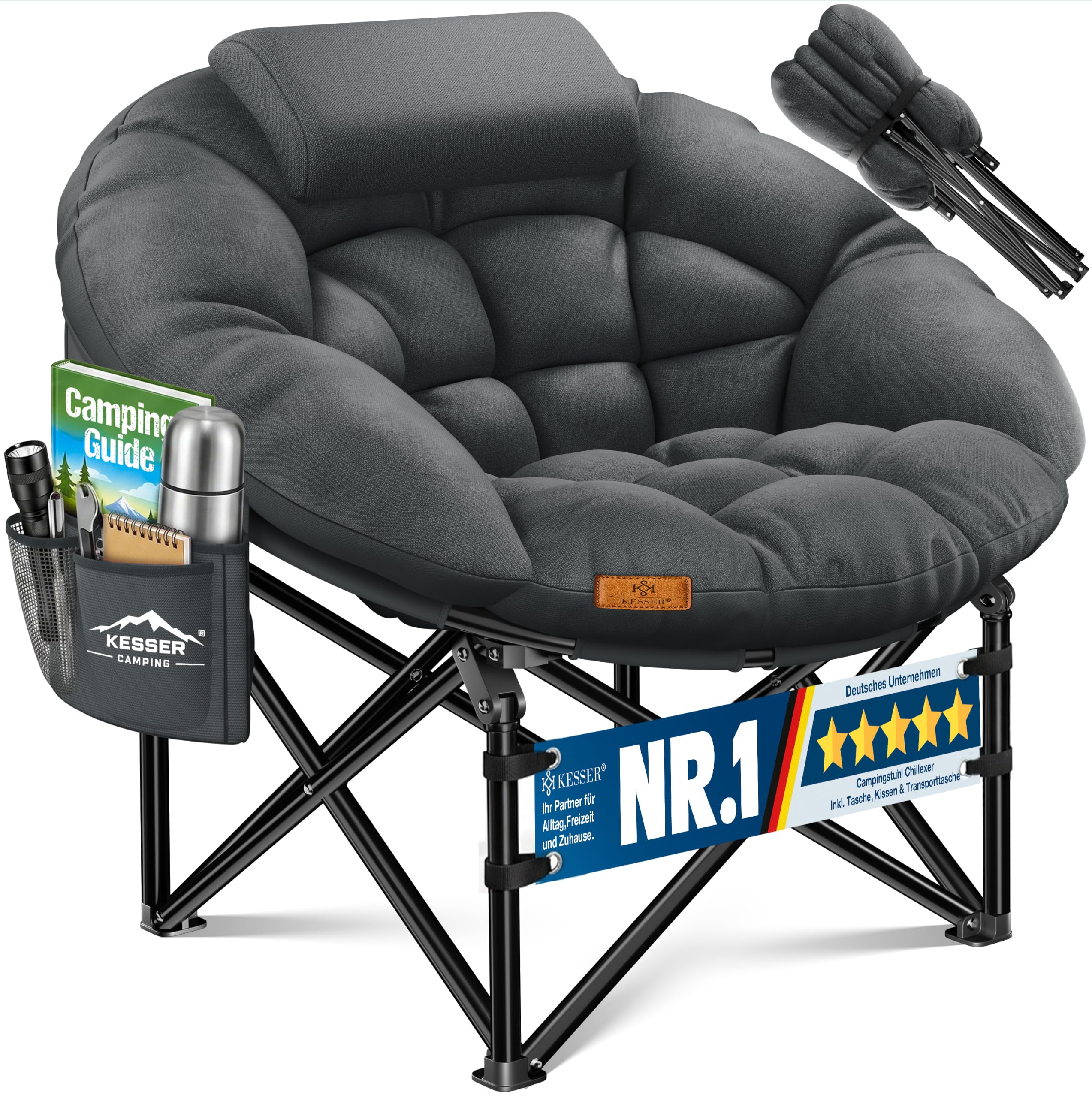 KESSER® Campingstuhl Chillexer faltbar 150 Kg Klappstuhl Ultraleicht und breit, Dickes Polster mit bequemen Kissen und Seitentasche, Cover, Outdoor + 