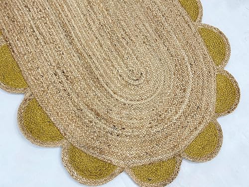 Miniatura 6 de ARTS OF JAIPUR Collection - Alfombra de pasillo de 2.6 x 4 pies, hecha a mano india, de yute natural, alfombra trenzada con festoneada amarilla,