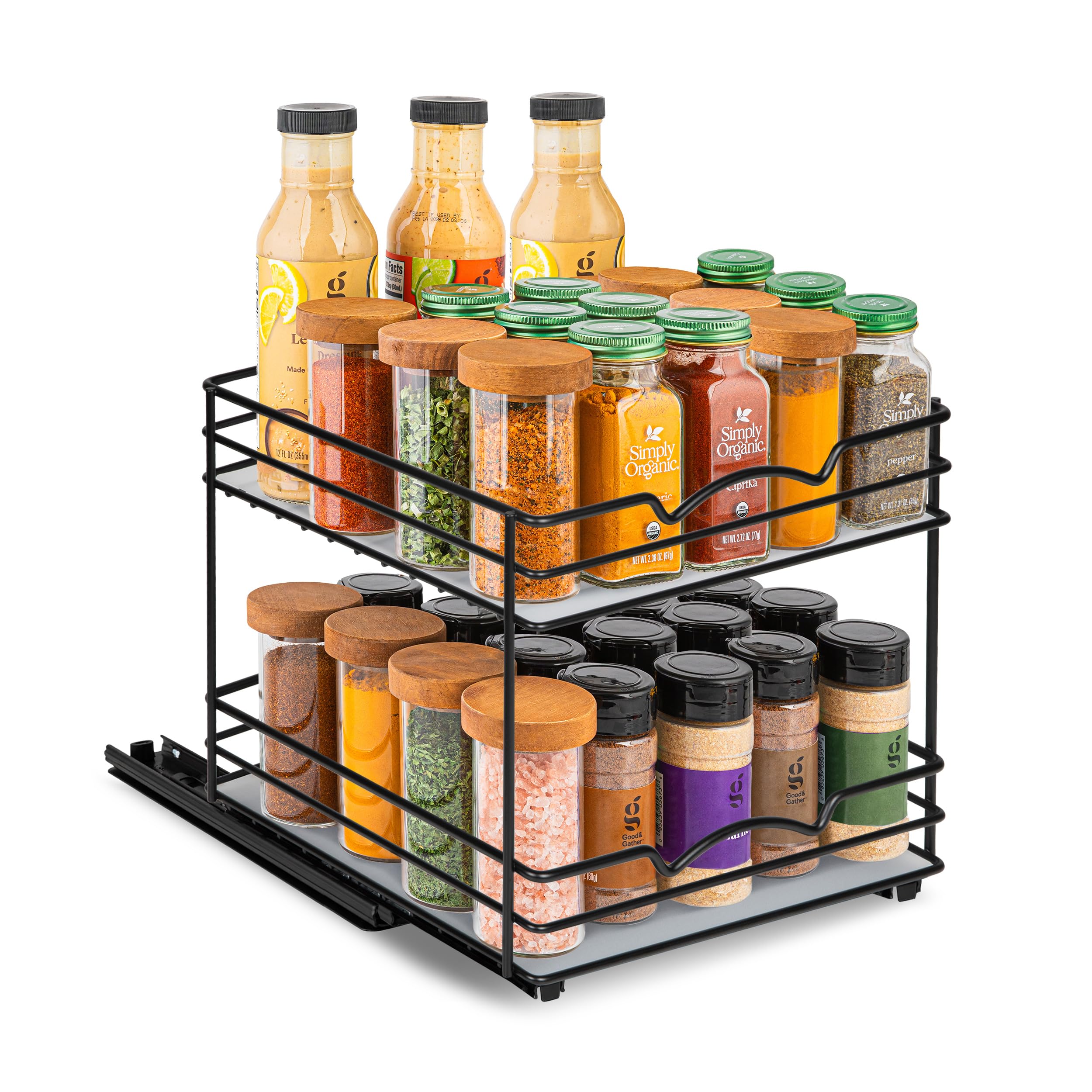 pull out cabinet organizer for spices, cans - heavy duty with lifetime limited warranty- pull out spice rack- cabinet pull out shelf for cans,dishes, etc, 20-3/8"wx 10-1/2"d x 2-3/4” h, black