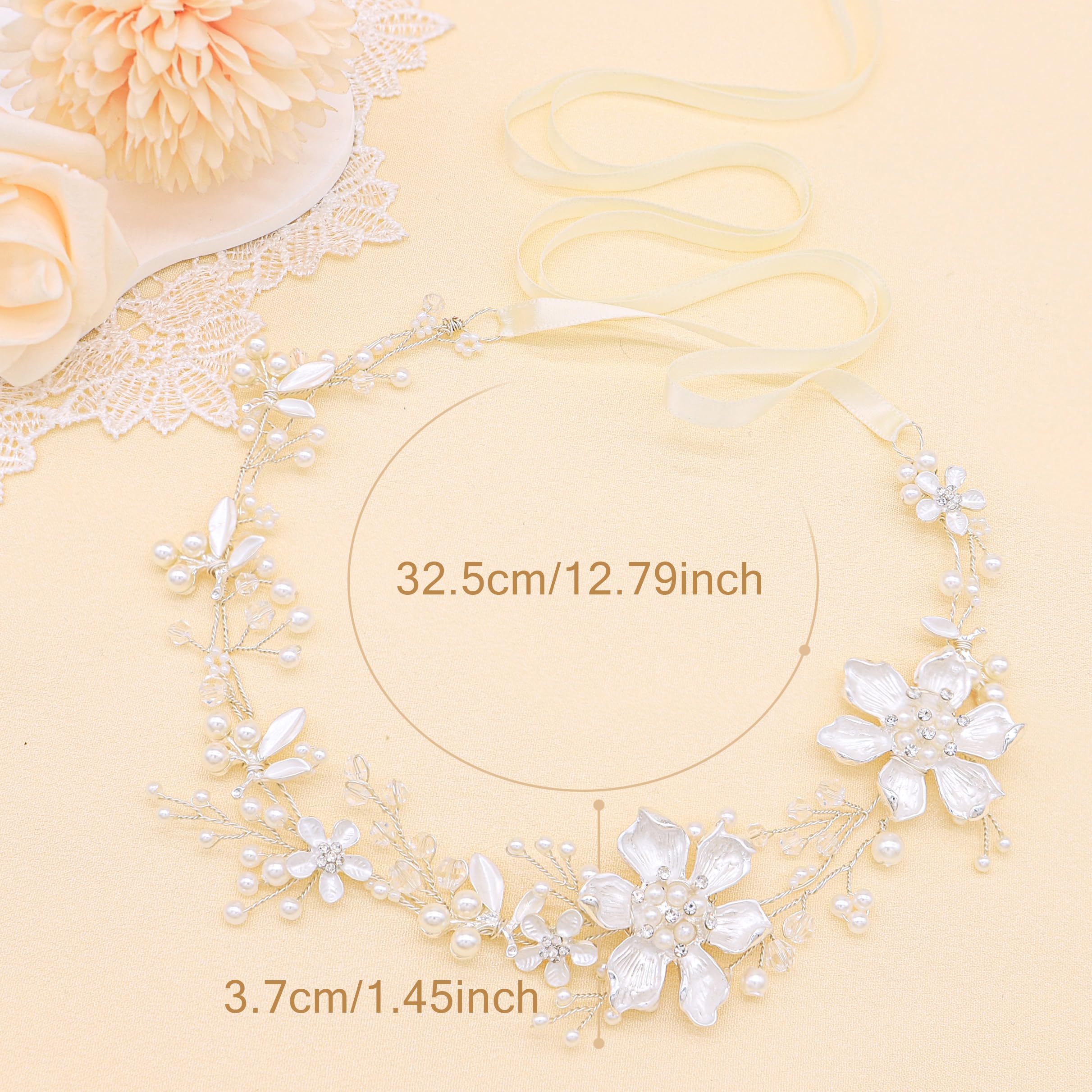 Oriamour Braut-Kopfschmuck Blumen-Design mit Perlen Hochzeit Stirnbänder Haar Reben für Bräute Frauen Mädchen Hochzeit Party (Silber)
