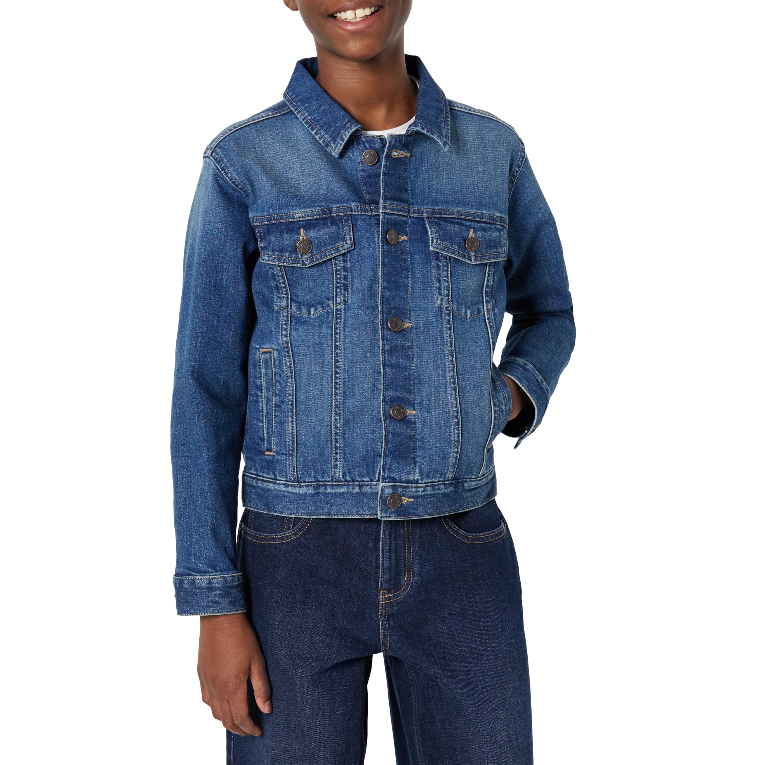Amazon Essentials Unisex Kids' Medium Stretch Regular-Fit Denim Trucker Jacket for Boys and Girls - 1