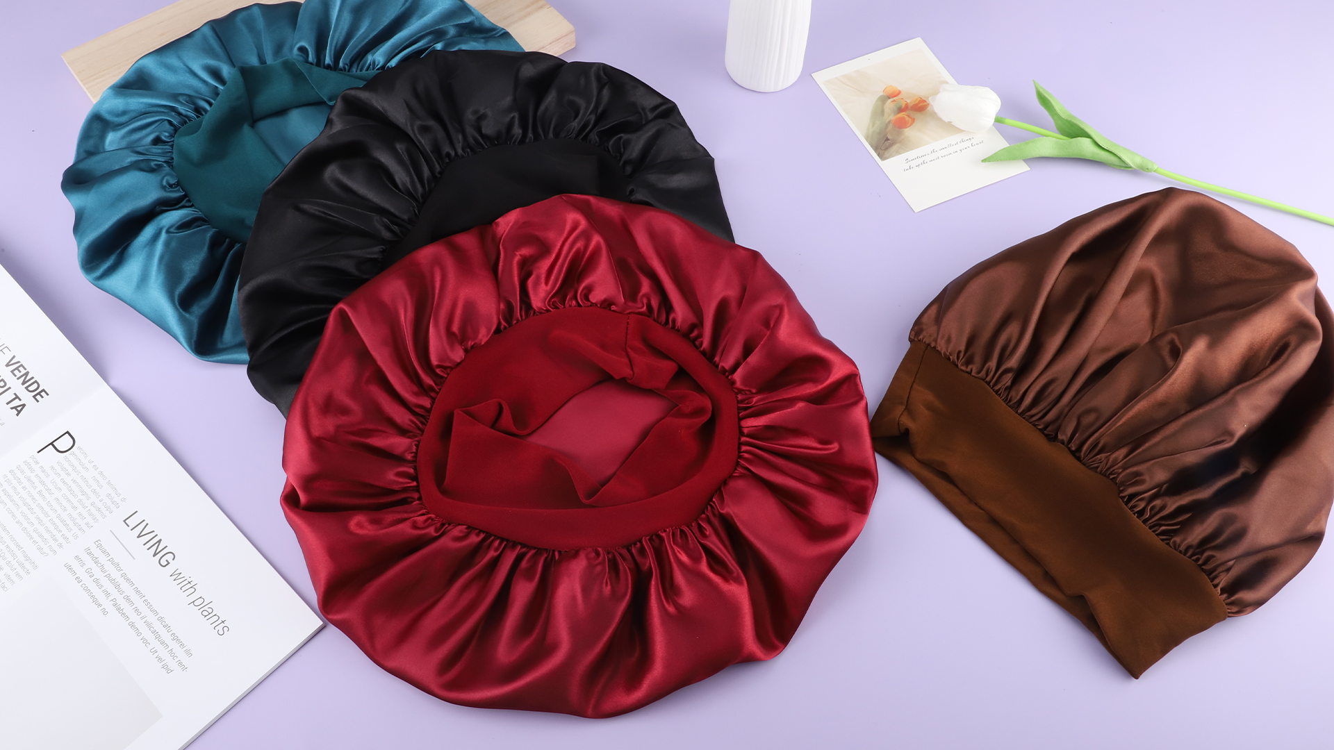 LIANRISES 3er Set Satin Schlafhauben – Seidenhaube Für Die Nacht, Einstellbar, In Schwarz, Bordeaux & Rosa