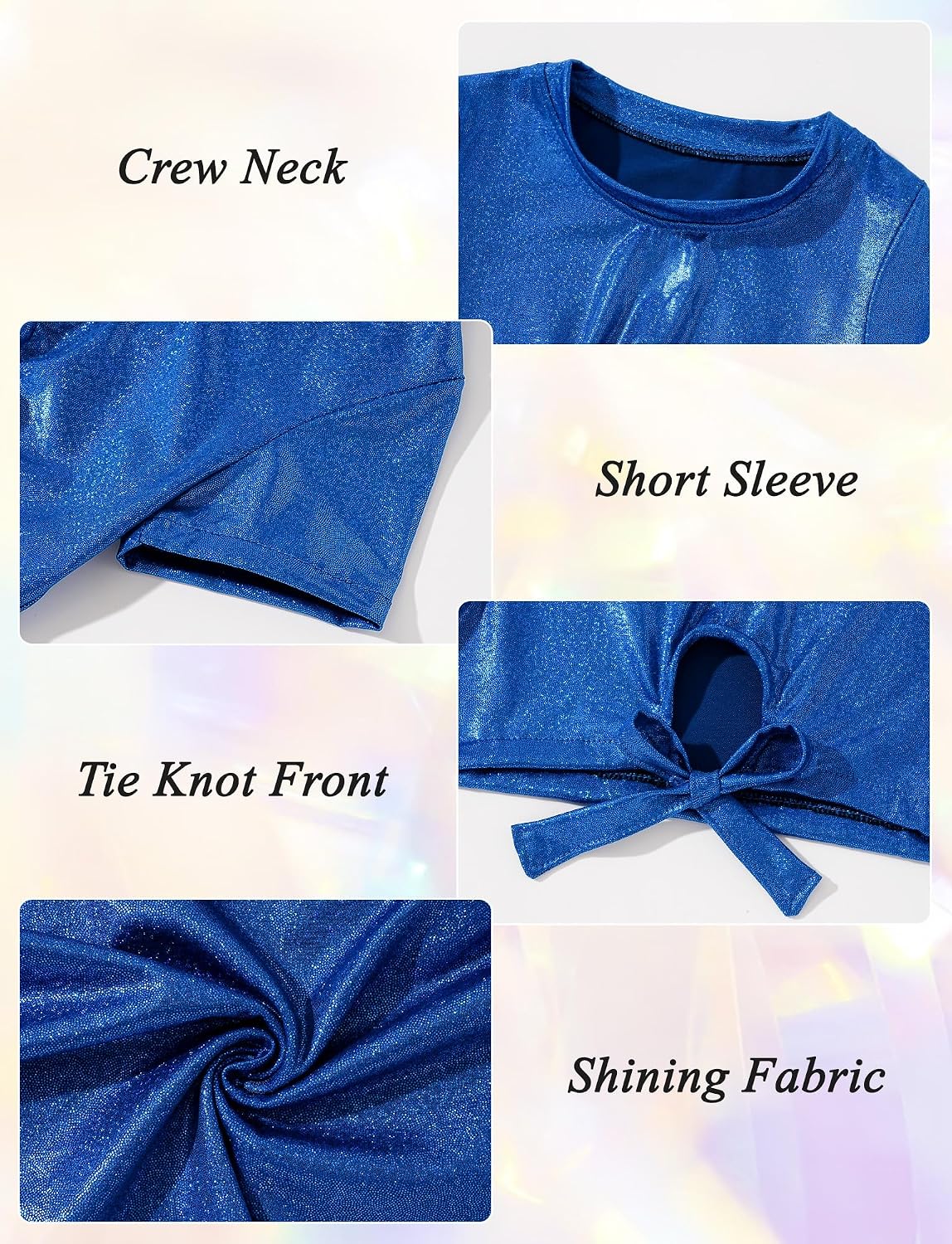 2025 Girls Sparkly Top Tie Front Knot Crop Top Sequin with Handkerchief Hem Skirt Metallic Performance Kids 4-14T