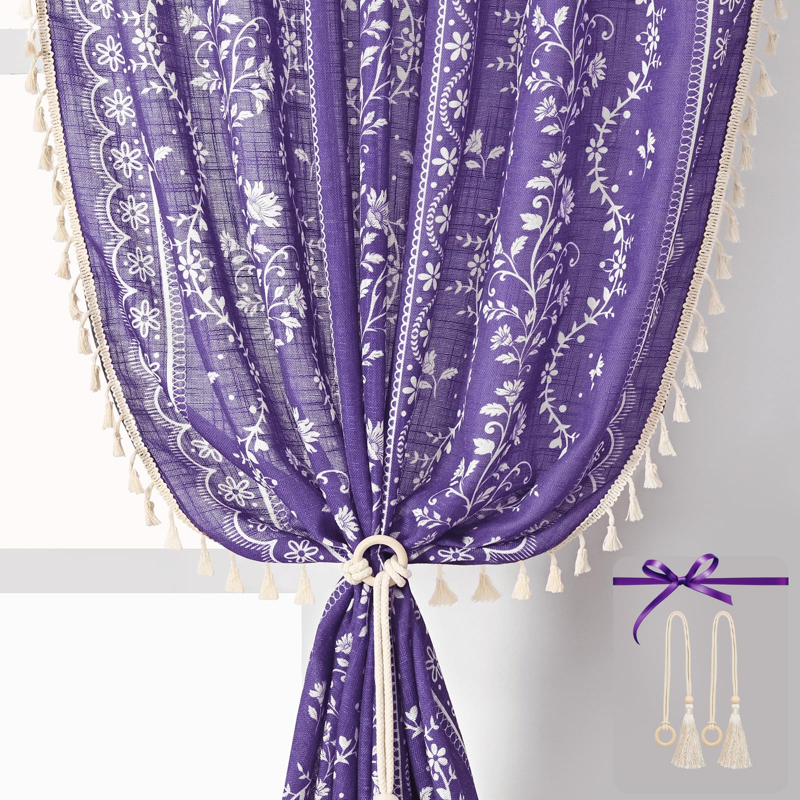 Yinhua Boho Curtains for Living Room 84 Inch Length Vintage Linen Curtains for Bedroom Light Filtering Window Curtain Rod Pocket &amp; Back Tabs Rustic Tassel Drapes with Tiebacks, Purple
