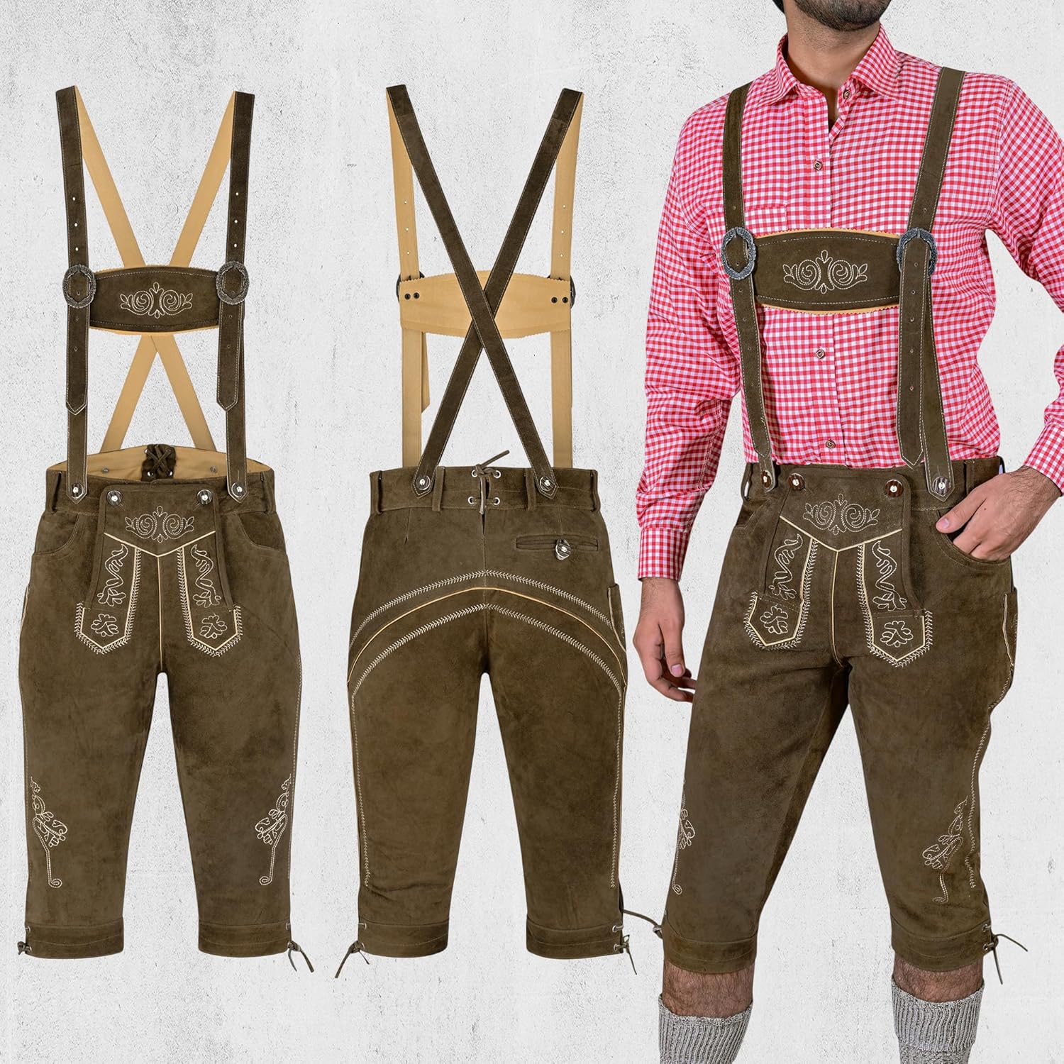 TRENDS Men’s Traditional German Lederhosen – Bavarian Oktoberfest Costume Shorts w/Suspenders – Suede Leather, Knife Pocket