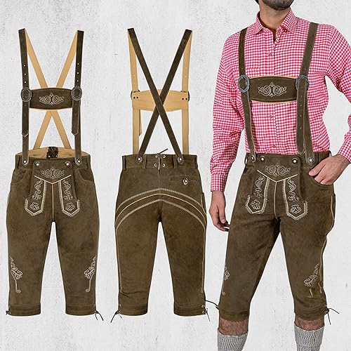TRENDS Pantalones cortos de disfraz de Oktoberfest bávaro con tirantes, piel de gamuza, bolsillo para cuchillos