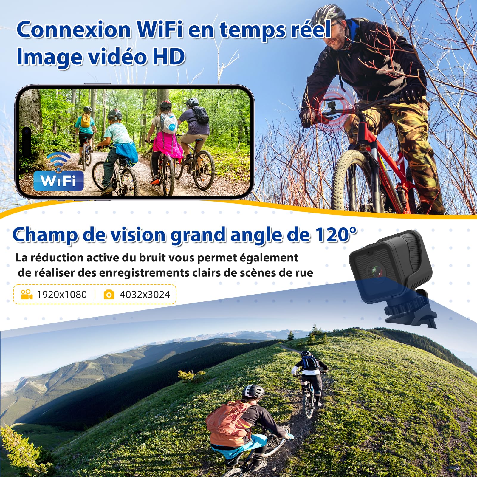 AIKER Dashcam Moto,Version Améliorée WiFi Camera Sport Étanchéité Ip66,1080phd&120°Grand Angle Camera Moto,Calibrage Automatique du Niveau Cameras Casque Velo,Connexion Pratique Large Application