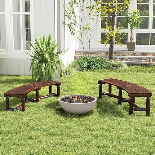 Miniatura 4 de Tangkula Banco curvo para patio, banco de comedor de madera carbonizada para mesa redonda, asiento espacioso y con listones, banco de madera rústica