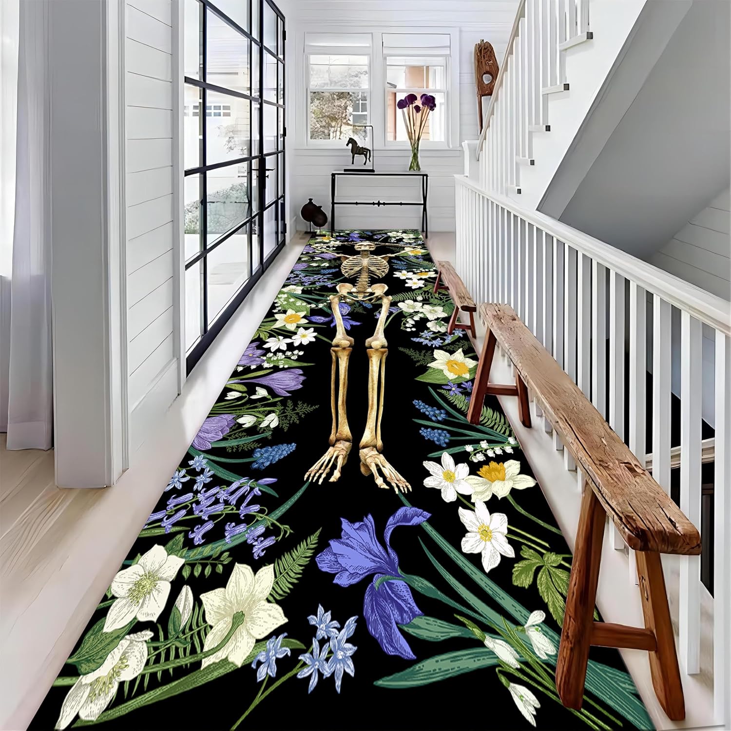 Skull Entrance Rugs, 1.3x7ft, Human Skeleton Halloween Area Rug, Boho Flowers Plants Cozy Durable Non-Slip Throw Rugs, Soft Pet Friendly Dirty Resistant for Runner Indoor Office