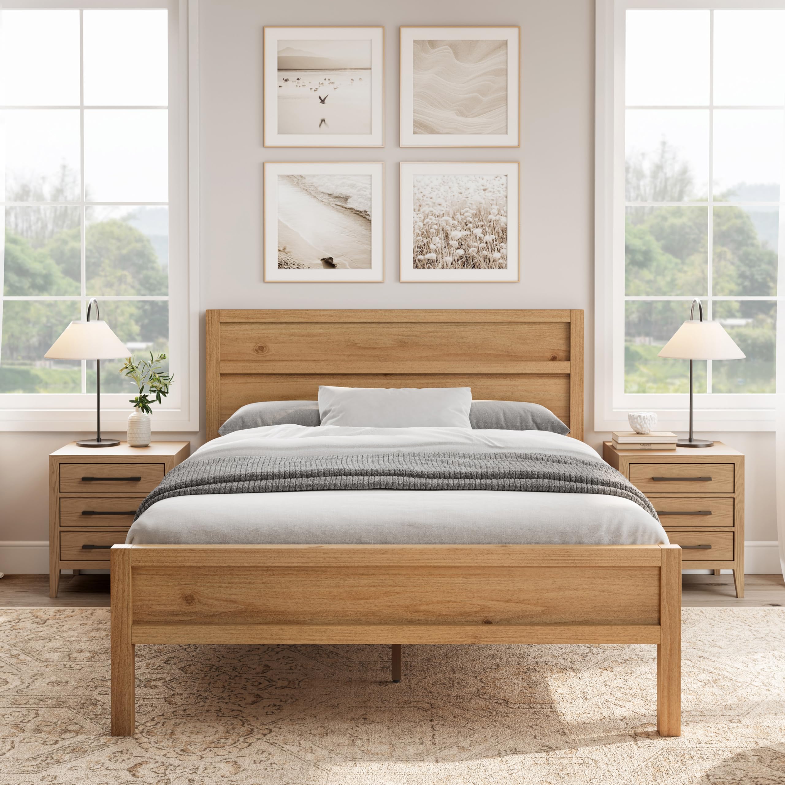 ComfIQ Solid Wood Platform Bed with Wooden Slats – Durable Frame, No Box Spring Required, Ample Underbed Storage, Pine, Queen, Bed and Clean-Line
