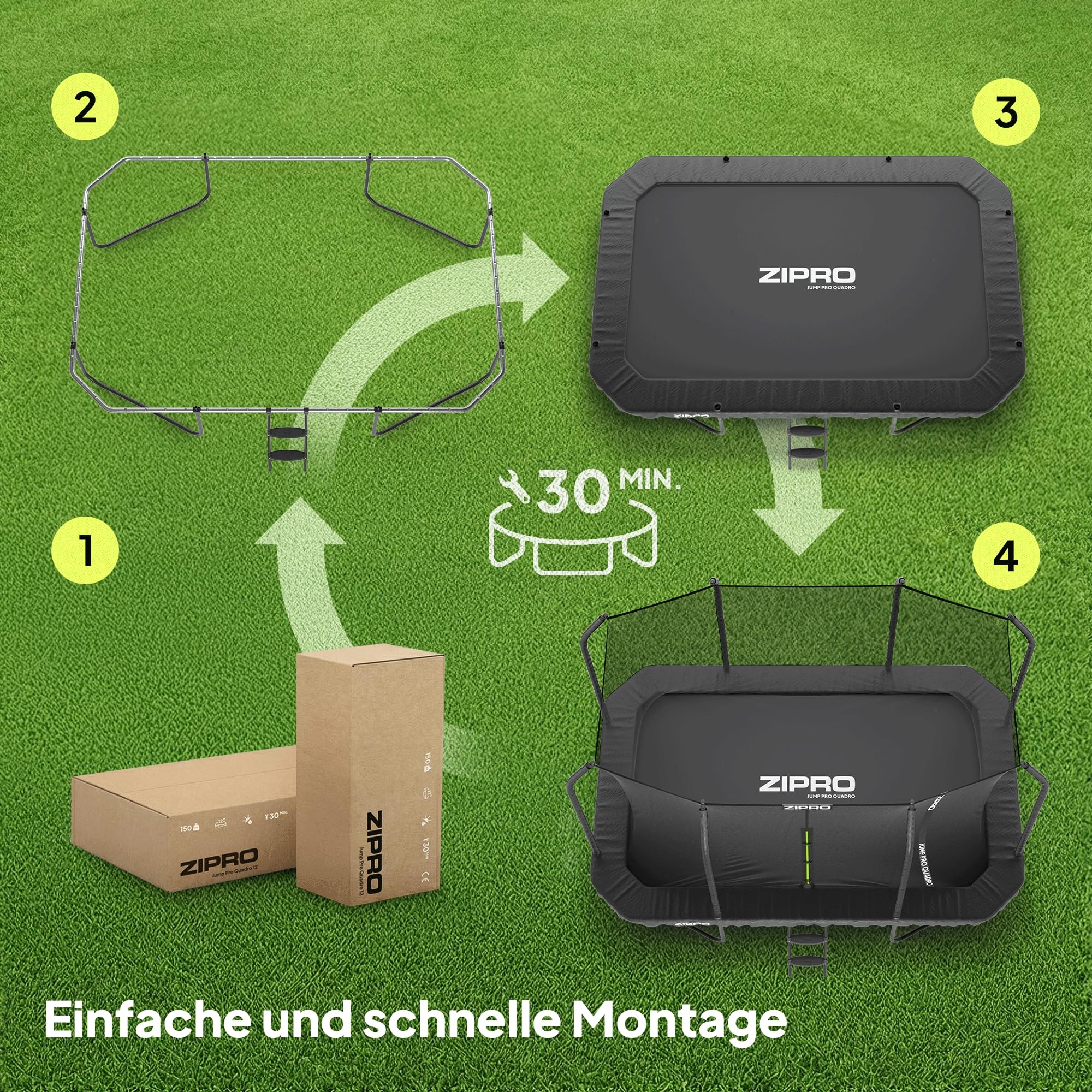 ZIPRO Trampolin Outdoor - Gartentrampolin Bodentrampolin Garten mit Trampolinnetz Trampolinmatte Trampolinleiter Netz Leiter 366/472 cm 12ft 14ft bis 150 kg Familientrampolin - Quadro