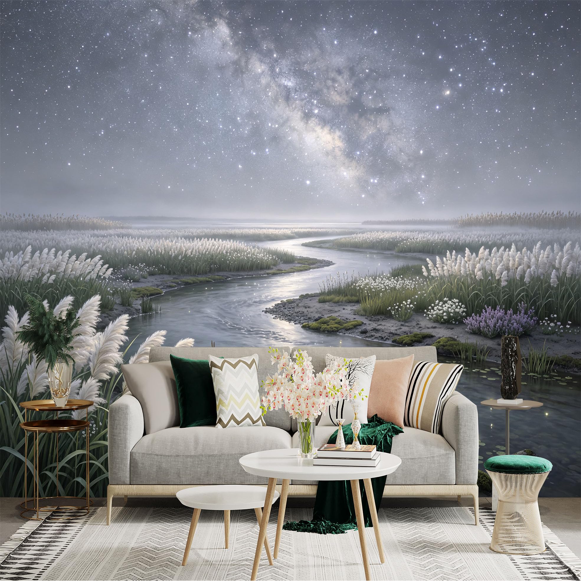 Lnzczhyre Bh260719414 Custom Size Wall Sticker Mural， Milky Way Over River， Marshland With Reeds， Glowing Night Scenery， For Wall Decoration， Peelandstick Wall Decals.
