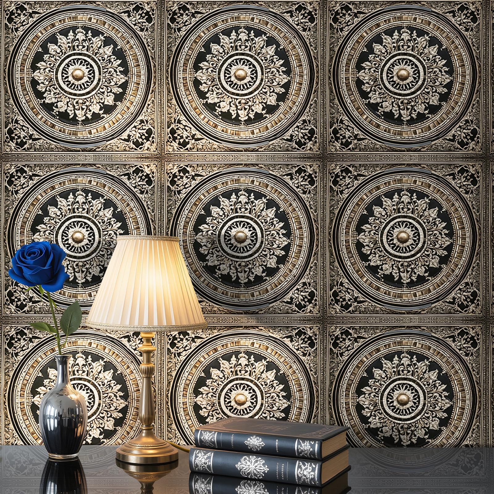 Self-Adhesive Wallpaper Black Gold Baroque 44.5 cm x 7 m Furniture Film Panels Look 3D Effect Wall Wallpaper Bedroom Vintage Adhesive Wallpaper Self-Adhesive Wall Black Gold Floral Pattern