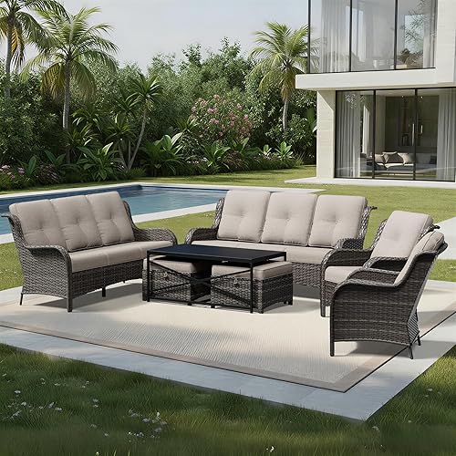 Miniatura 57 de Joyside Silla mecedora giratoria para exteriores para patio, mecedora de mimbre para exteriores con cojines de tela de olefina adecuada para porche