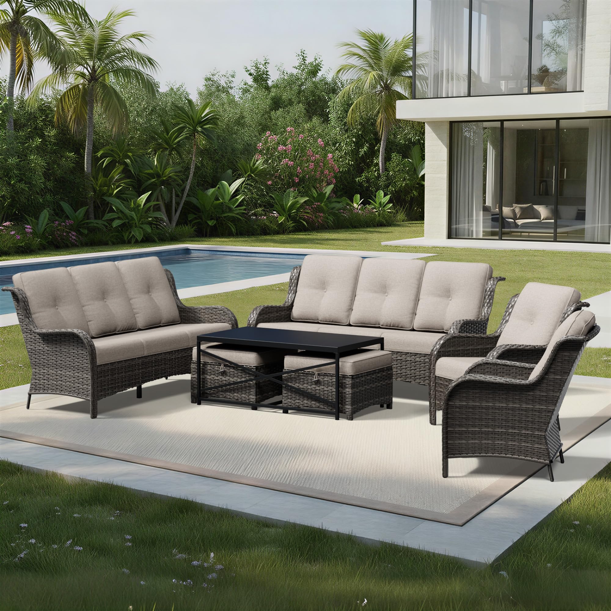 Joyside 7 Piece Wicker Patio Furniture Set, Rattan Patio Chairs with High Back, Deep Seating, Wide Armrest, Thickened Cushions, Outdoor Furniture for Deck, Porch Use