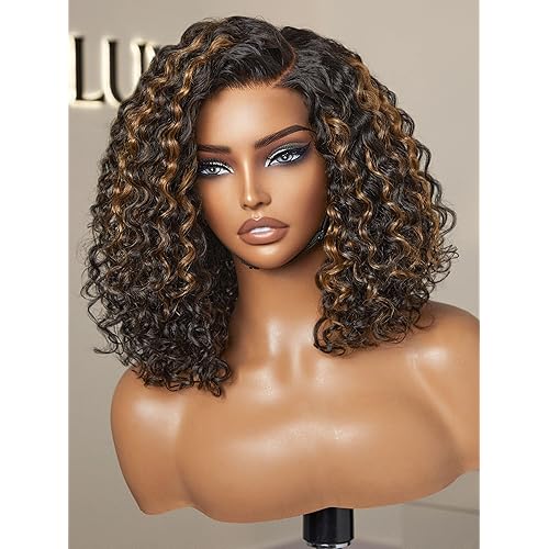LUVME HAIR Mix Color Highlight 12 Inch Curly Wig, Glueless HD Lace Wigs Human Hair Pre Plucked Pre Cut, Curly Bob Wig Human Hair Short Wig with Blonde Highlights Ready to Go Wig