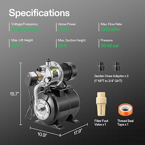 Miniatura 7 de VIVOSUN Bomba de pozo poco profundo de 1.6 HP con tanque de presión, certificado NSF, 1320 GPH, acero inoxidable, bomba de chorro de agua automática