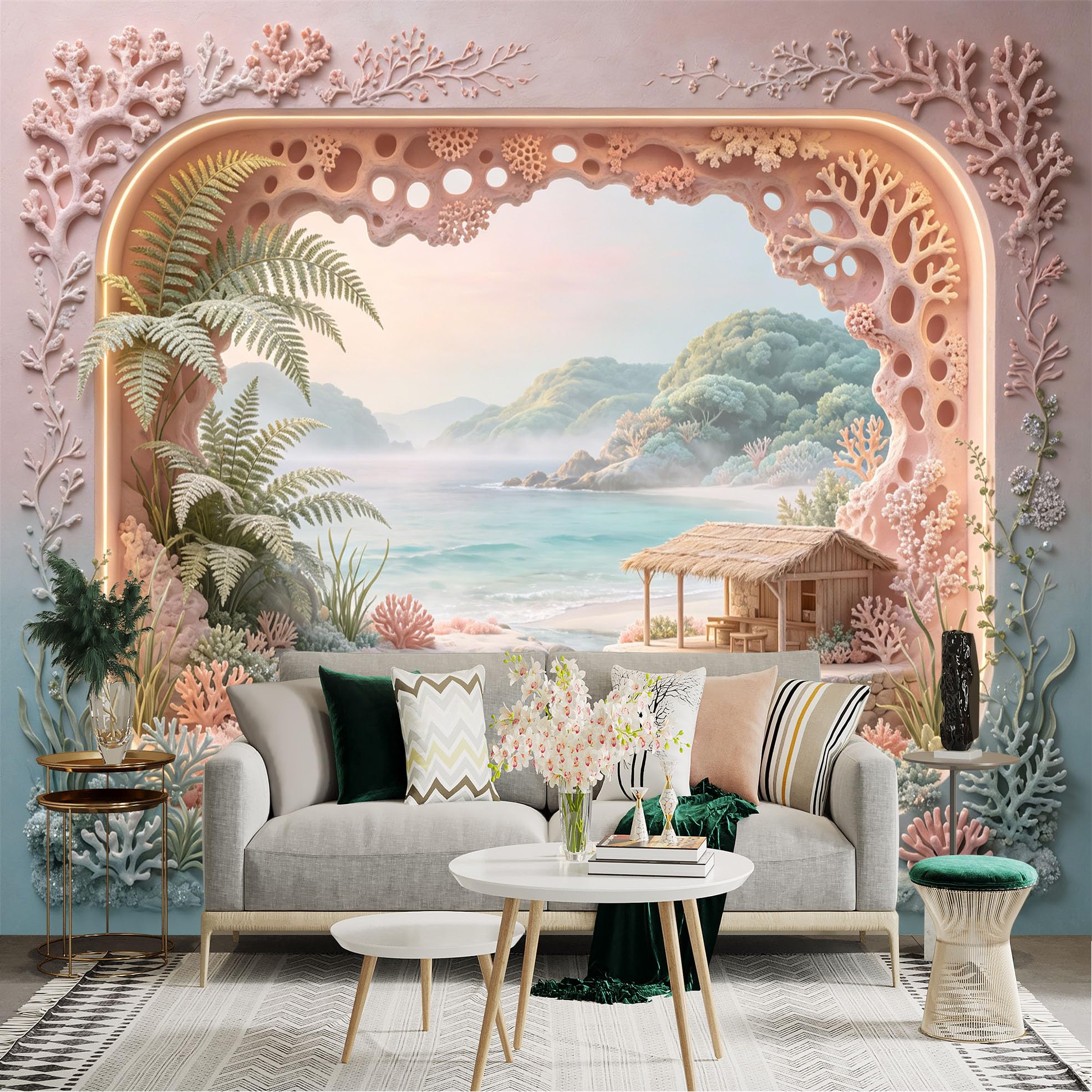 Custom Size Wall Sticker Mural， Tropical Beach Hut with Coral， Ocean View and Palm Leaves， for wall Decoration， peelandstick wall Decals.