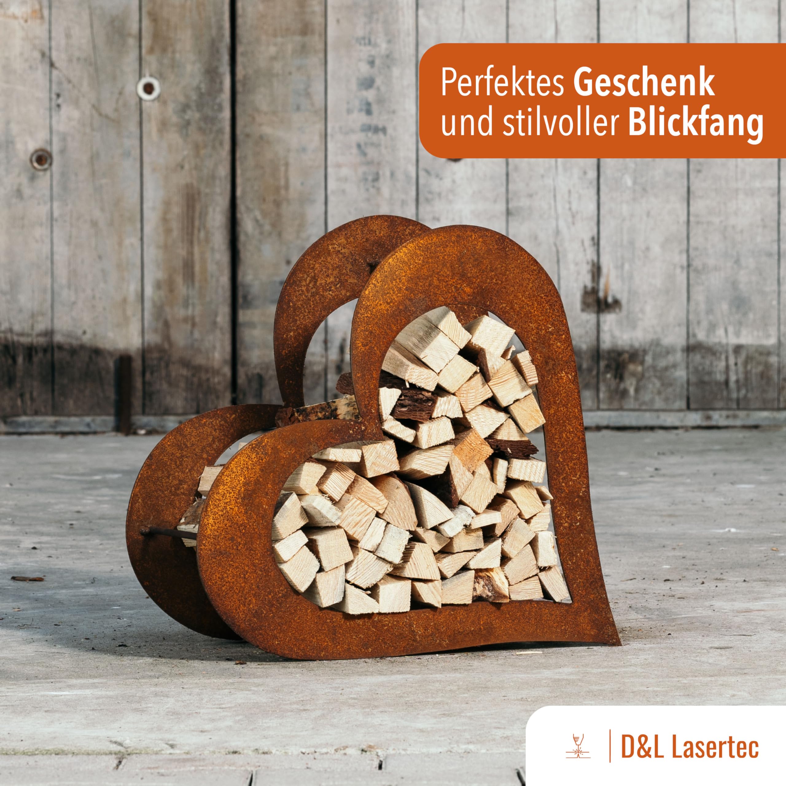 D&L Lasertec Herz aus Metall - Herz für Kaminholz - Regal aus Rost Edelrost Holzregal für Garten Terrasse - Herz liegend S