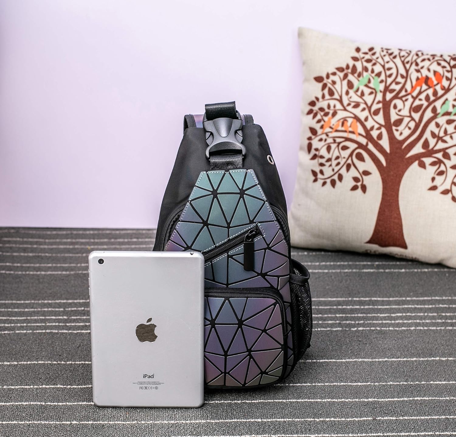 Lorran Tree Geometric Backpack Holographic Luminous Backpack Messenger Bag Multi-Function Shoulder Diagonal Cross Bag Chest Bag NO.1
