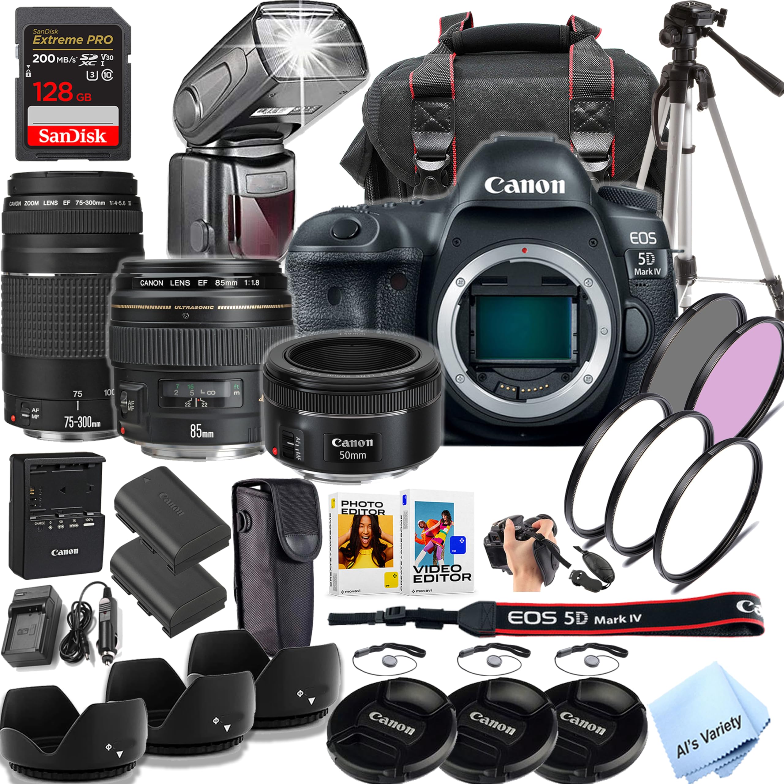 Canon EOS 5D Mark IV DSLR Camera with 85mm f/1.8 USM & 75-300mm Lenses + 50mm STM Prime Lens + TTL Speed Light Flash + 128GB Memory, Filters, Case, Tripod + More (Pro Photo Bundle) (Renewed)