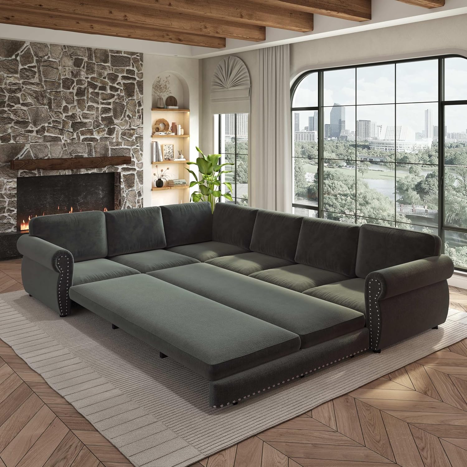118'' Pull Out Couch, Convertible Sleeper Sofa Bed, Upholstered Sectional Sofa, Chenille L-Shaped Couch with Nailhead Trim, 6-Seater Modern Sectional Couches for Living Room,Bedroom, Dark Grey