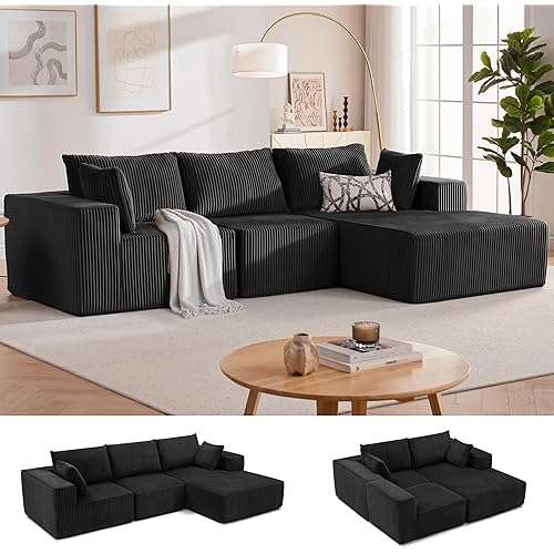 HUATEAN 108” Modular Sectional Sofa, Cloud Sectional Couch with Deep Seat, Modern Modular L-Shape Sofa Couch with Chaise,Upholstered Couches for Living Room Bedroom (Corduroy,Black)