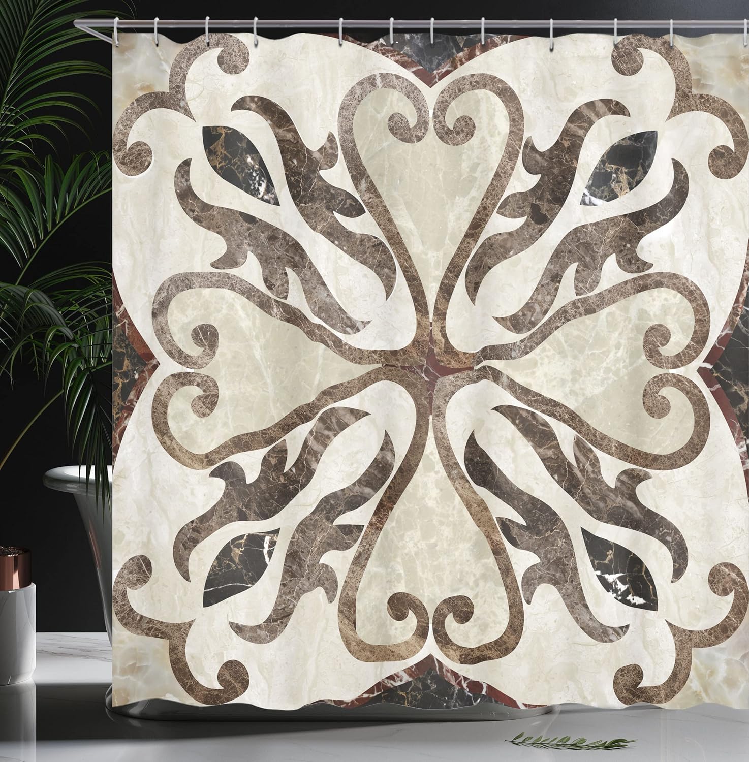 Ambesonne Abstract Shower Curtain, Nostalgic Classic Motif of Swirled Floral Heart Shaped Artwork Earth Tones Historic Print, Cloth Fabric Bathroom Decor Set with Hooks, 69" W x 84" L, Beige Brown
