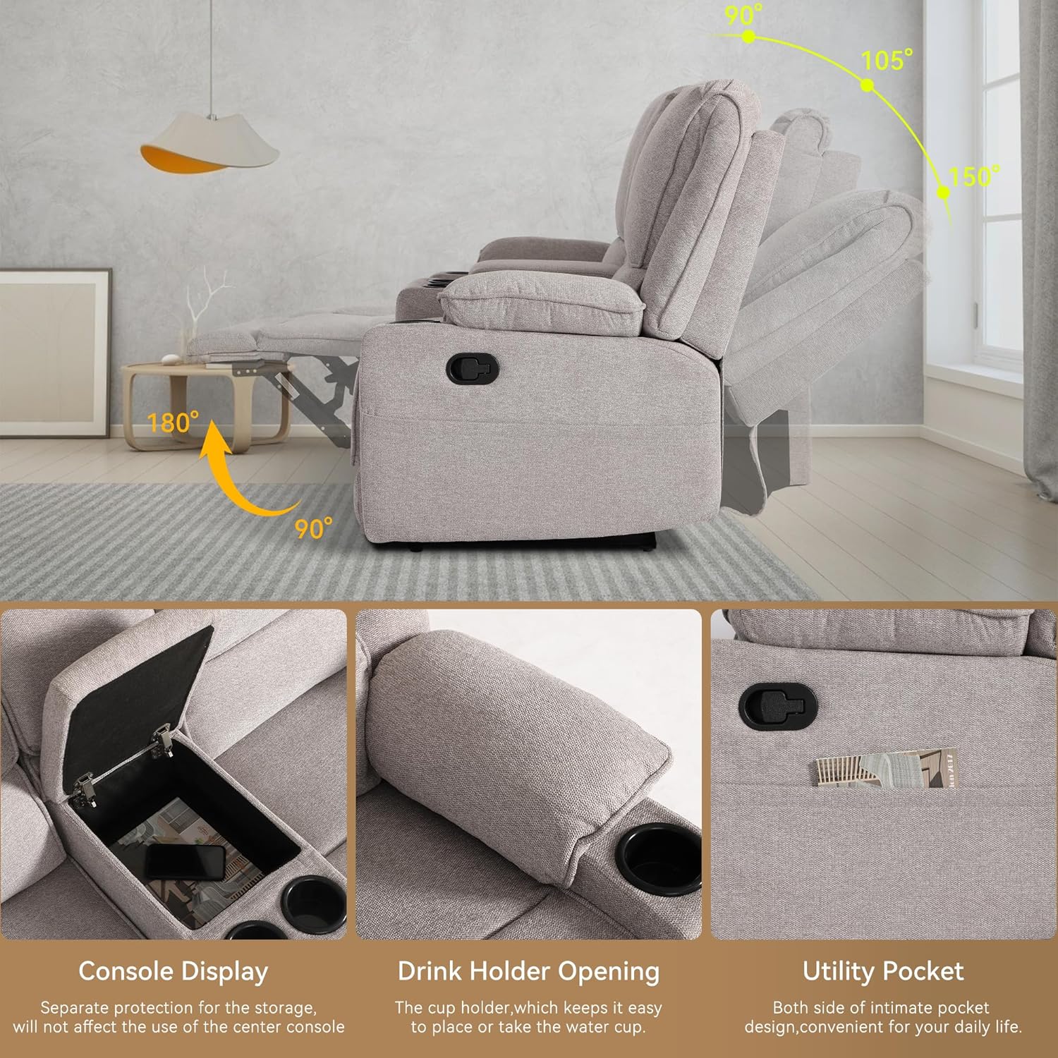 Loveseat Recliner RV Sofa, 2 Seater Couch Recliner Couch Manual Reclining Sofa Loveseat Couch Living Room Furniture (Light Grey, Loveseat)