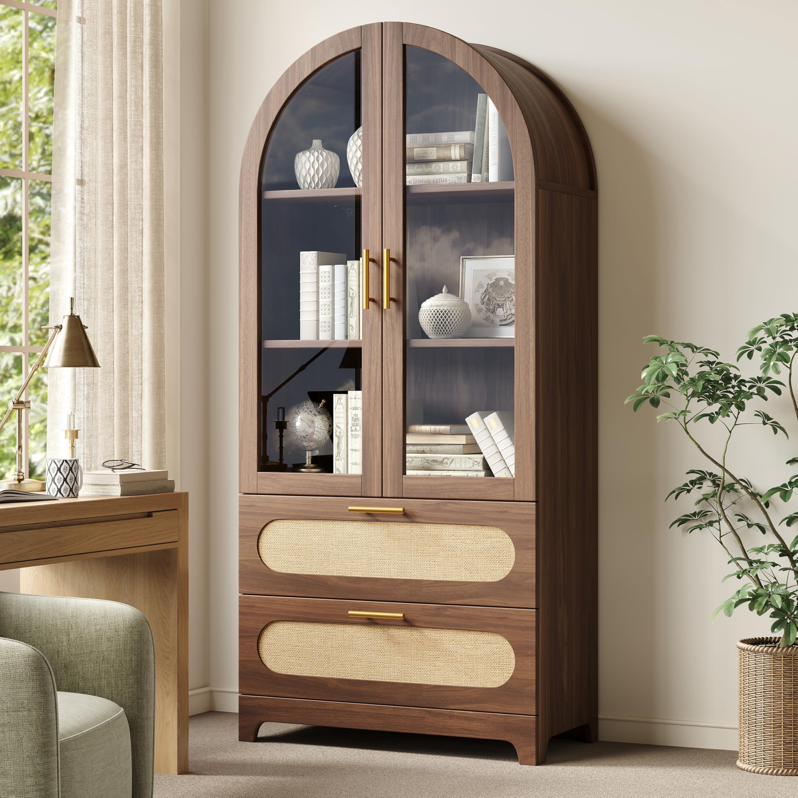 Vitrine mit Montmartre-Bogen, 175X80X40cm, Bücherregal mit 2 Schubladen & verstellbaren Böden, Retro-Design, Nussbaum