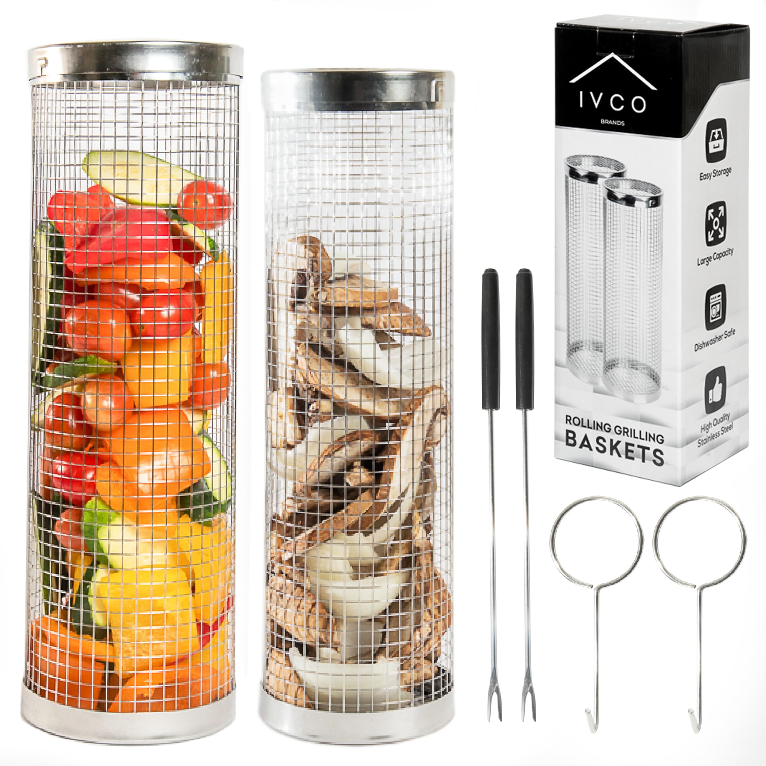 Deluxe 2XL Stainless Steel Rolling Grilling Baskets - BBQ Outdoor Grill Cookware for Vegetables Shrimps Chicken Meat - Portable for Camping - Men Gift