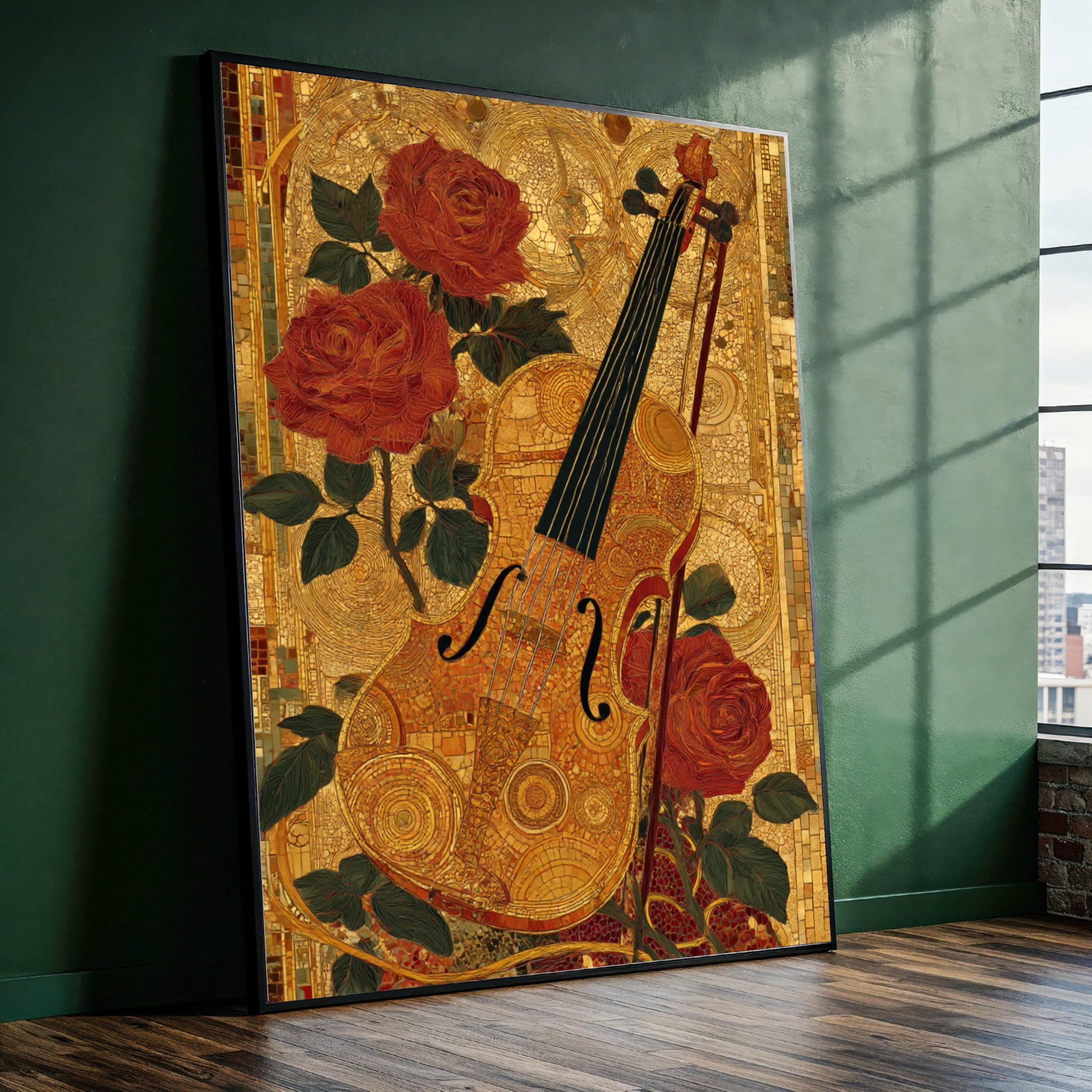 Yusuzhu Frameless Big Size Violin And Rose Canvas, Artistic Music Wall Art, Retro Floral Decorative Canvas, Classical Instrument Painting(50X75cm/Frameless)
