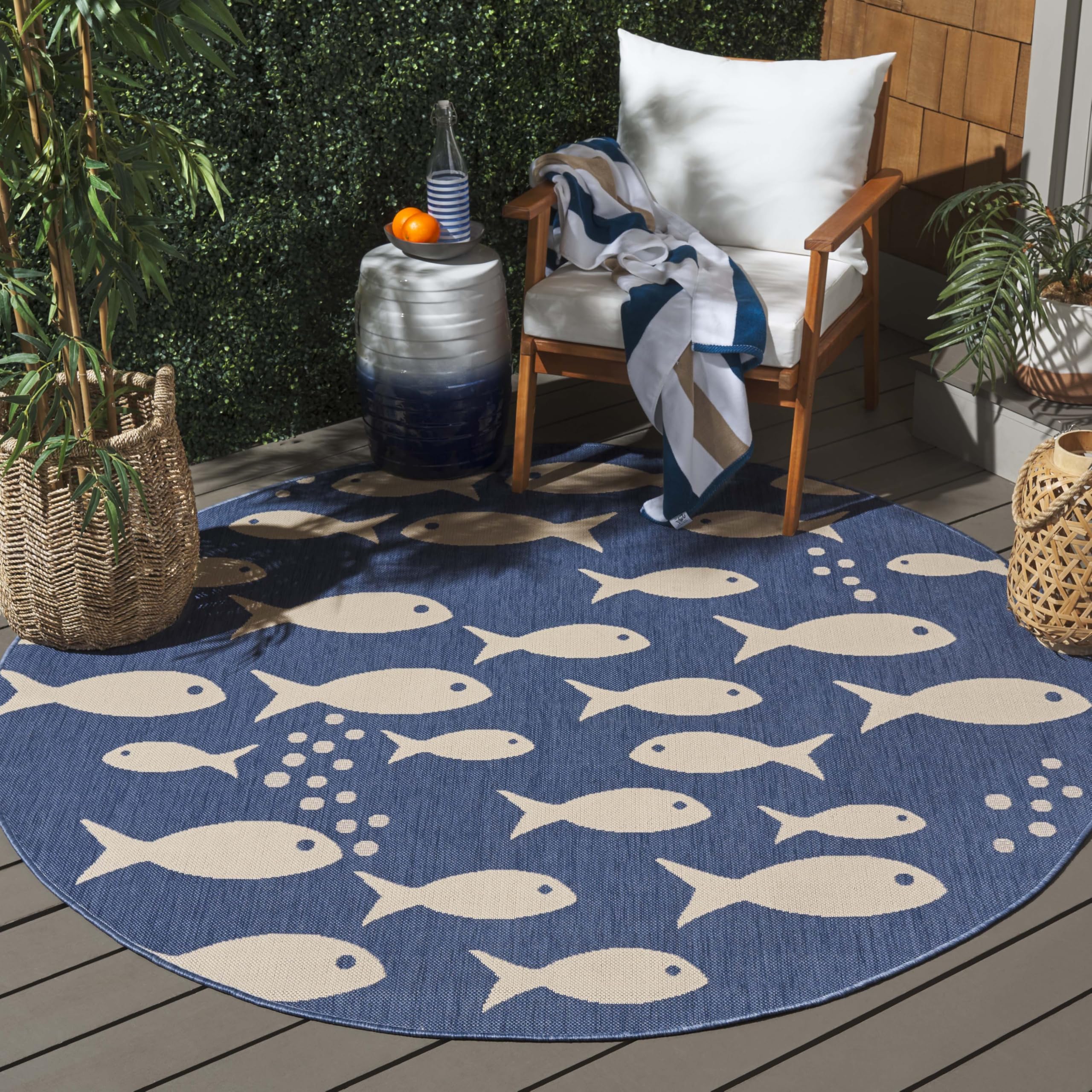 SAFAVIEH Courtyard Collection 7'1" Round Blue/Beige CY6012 Indoor/ Outdoor Waterproof Easy Cleaning Patio Backyard Mudroom Area Rug