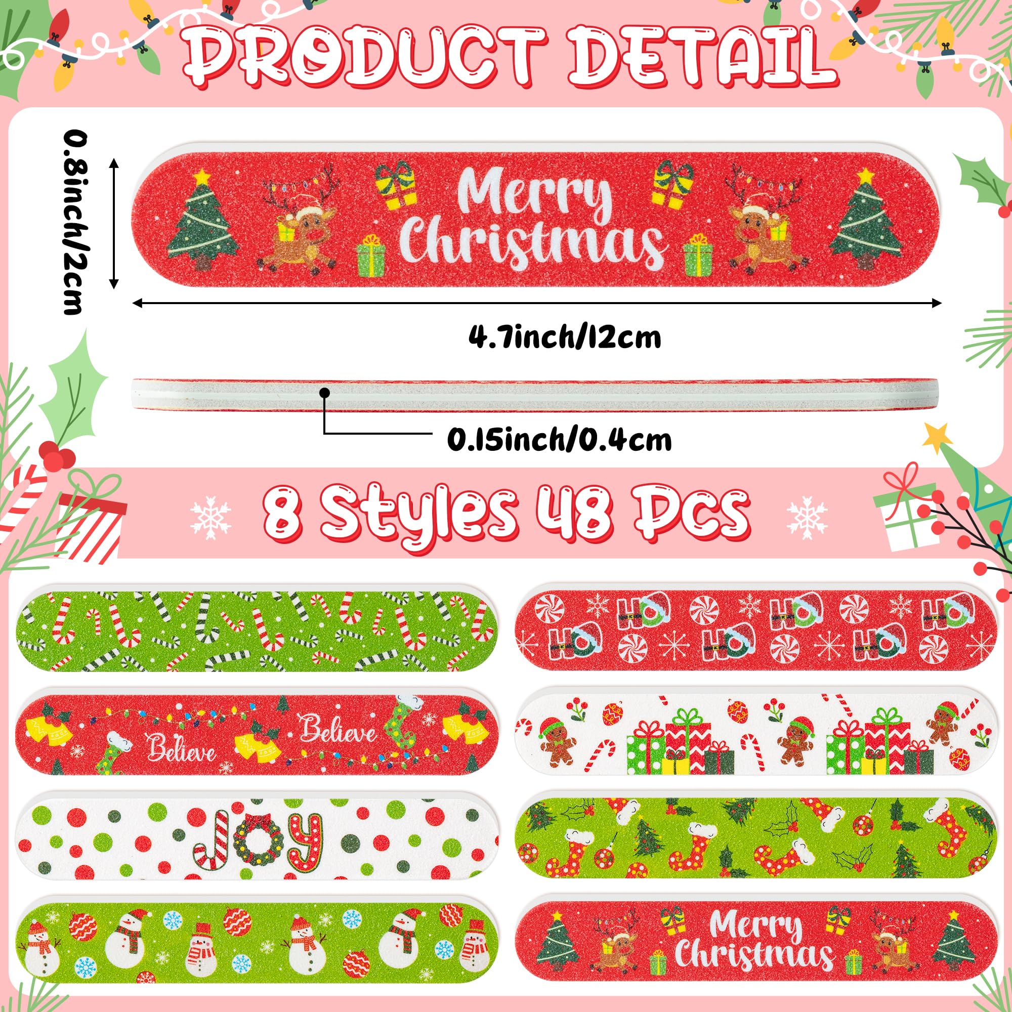 H1vojoxo Lima de uñas de Navidad a granel, 48 piezas de árbol de Navidad, muñecos de nieve, tablas de esmeril de doble cara, limas de uñas, regalos de Navidad, regalos de calcetín para empleados