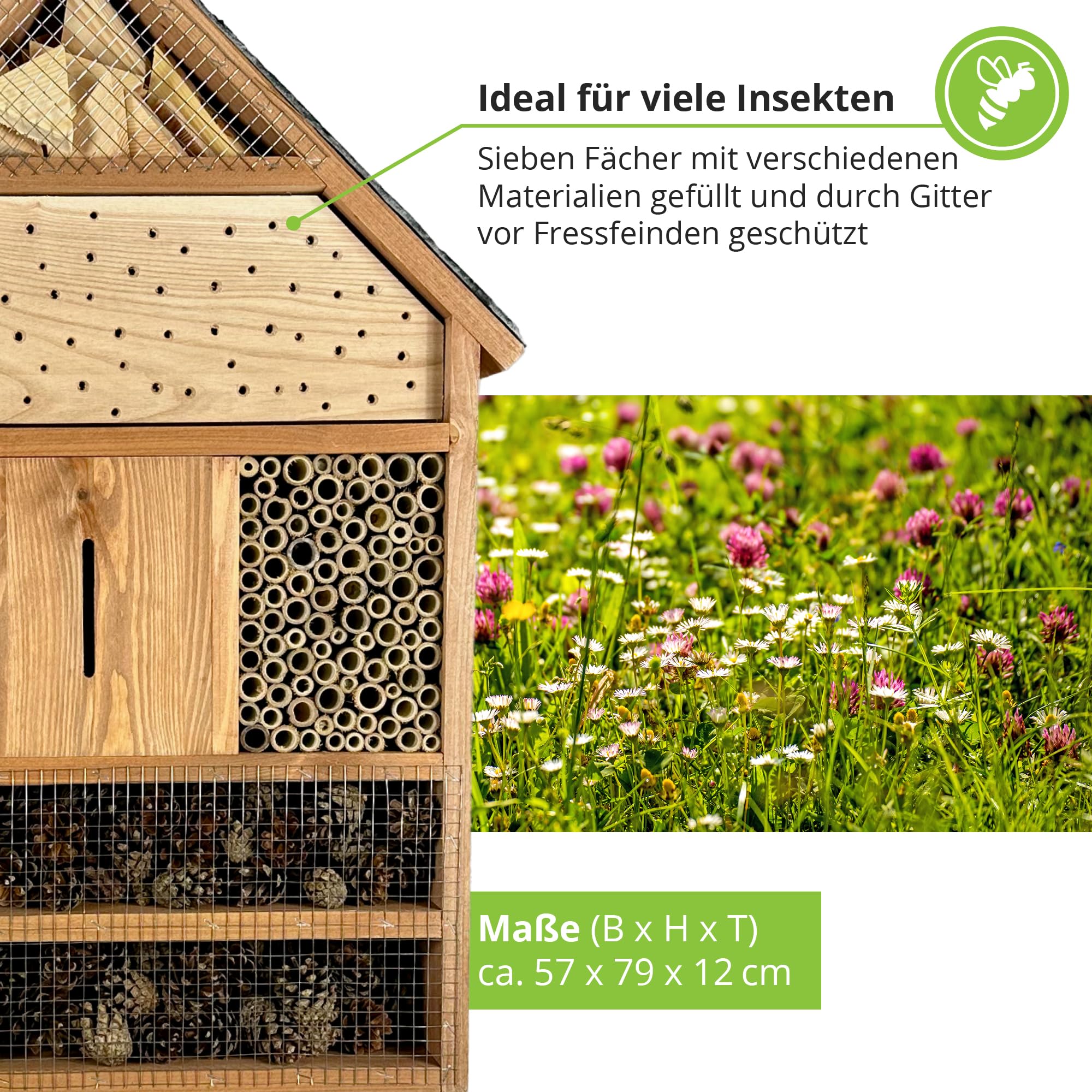GARTENETAGE Insektenhotel XXL geölt mit Schieferdach/Naturbelassenes, massives Insektenhaus & Bienenhotel/Insektenhotel zum Aufstellen mit Pfählen, witterungsbeständig
