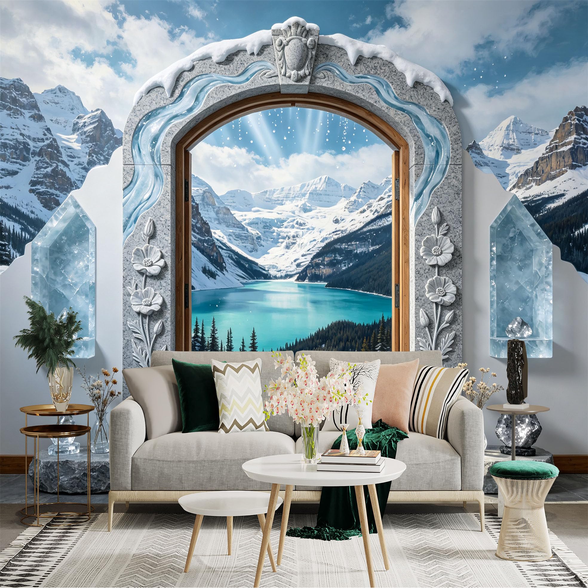 Custom Size Wall Sticker Mural， Snowy Mountain Lake View， Stone Archway Winter Landscape， for wall Decoration， peelandstick wall Decals.