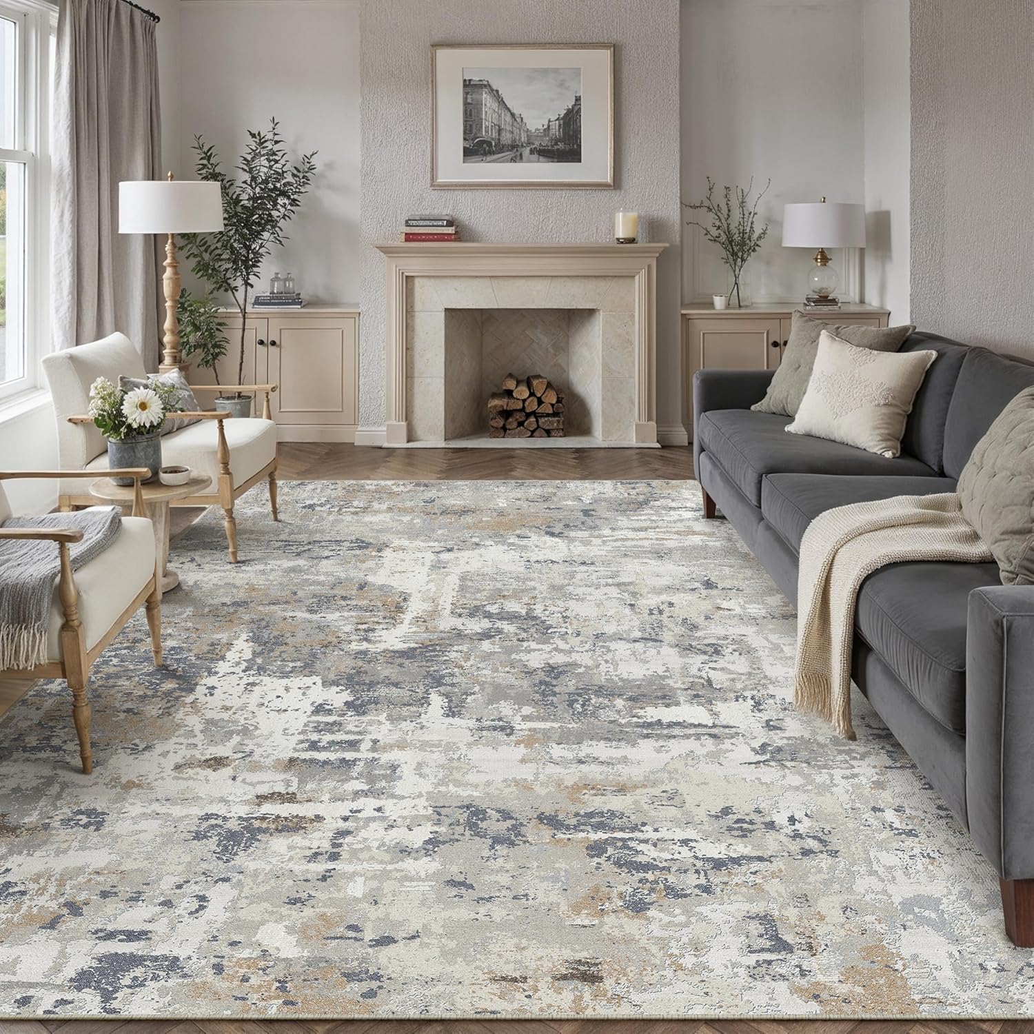 8x10 Area Rug Grey Carpet Washable Living Room Bedroom Abstract Neutral Modern Dining Room Non Slip Soft Thin Low Pile Indoor Lareg Throw Rug Accent Office Kitchen Contemporary