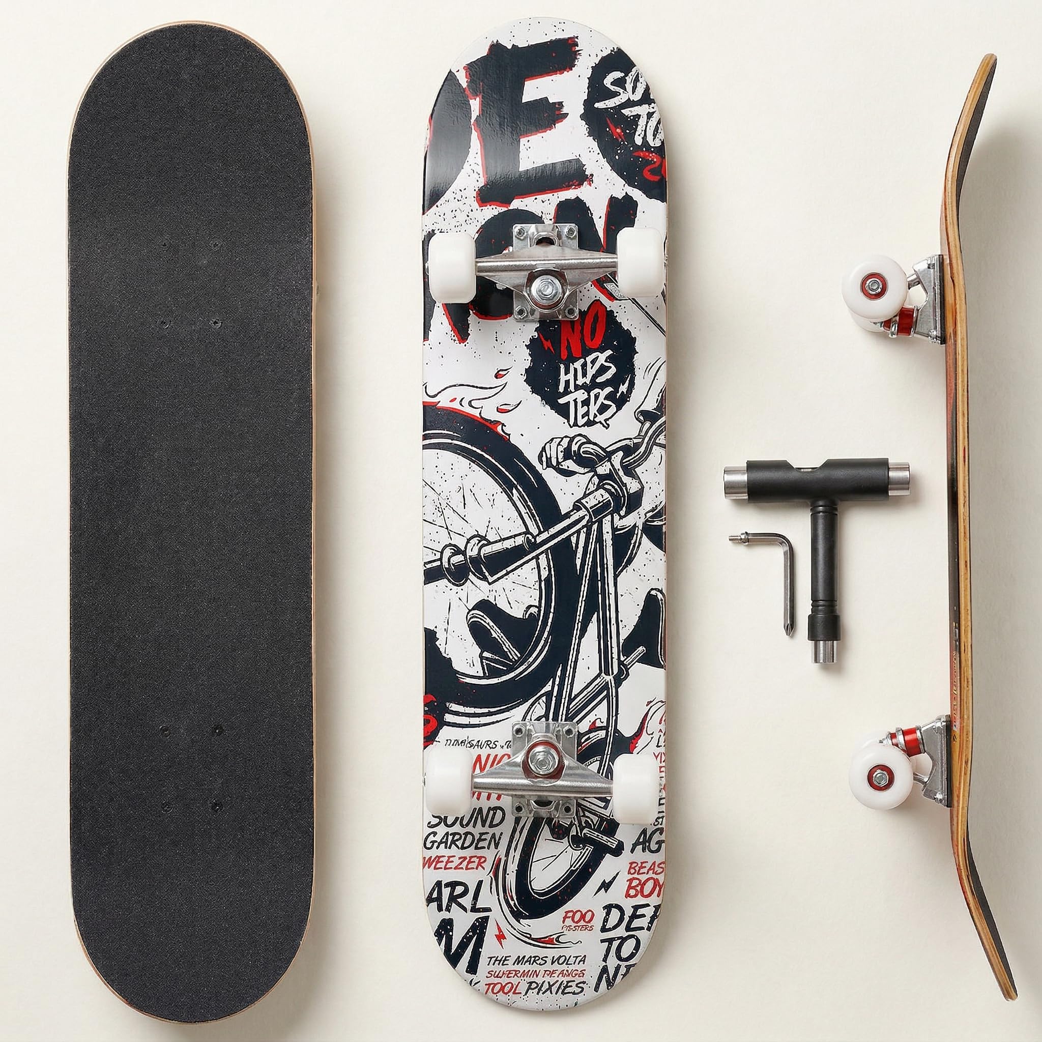 Professional Double Kick Skateboard, 31 inch Maple Deck, ABEC-9 Bearings, 95A PU Wheels, Custom Graphic Design (bat King(T-Tool Included​), 31in) (bicycle, 31in)
